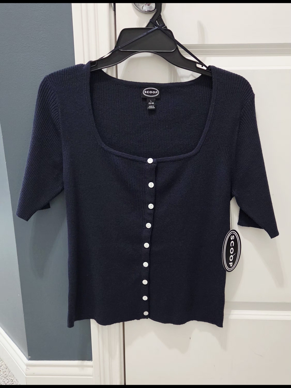NEW! Navy Short-Sleeve Button-Front Knit Top